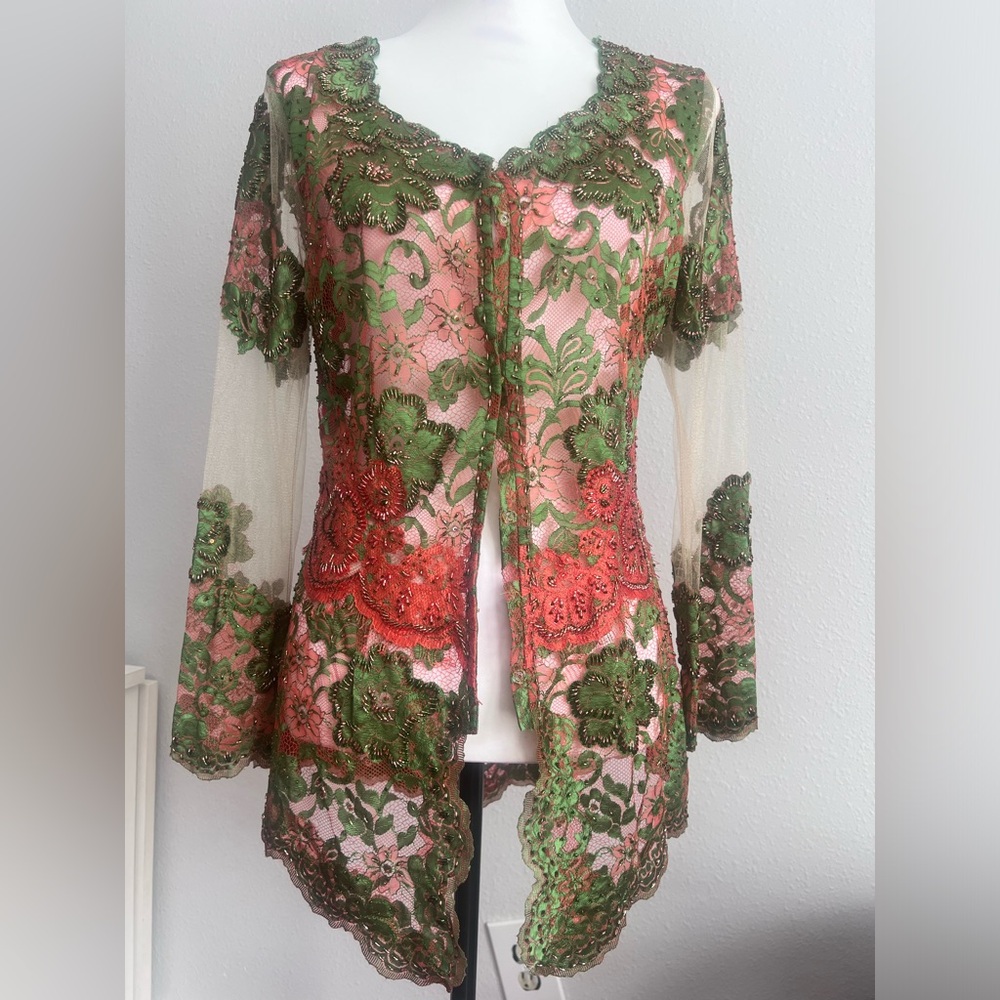 Handmade vintage top. Orange and green detail work with beading!